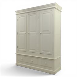 Modern white three door wardrobe, with two hanging section and shelving area, above a long drawer and a short drawer to the base, raised on a moulded plinth