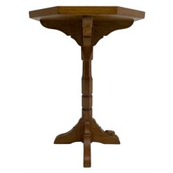 Beaverman - oak wine table, octagonal column with three splayed supports, on carved with beaver signature, by Colin Almack, Sutton-under-Whitestone Cliffe, Thirsk 