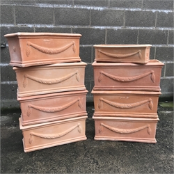  Seven rectangular terracotta pots with Adams style swags (W62cm, H25cm, D25cm) and eight matching smaller rectangular pots (W51cm, H16cm, D15cm)   