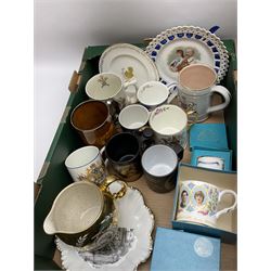 Commemorative ware ceramics to include Portmeirion 'A year to Remember' Royal Wedding mug, Ridgways George VI tankard, Hornsea Charles and Diana mug and a quantity of other commemorative mugs and plates etc in two boxes