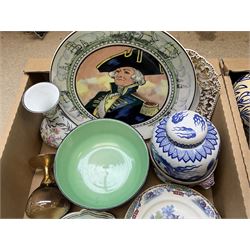 Quantity of ceramics and glassware to include Royal Doulton ‘The Admiral’ plate, amber glass vase, plates, vases etc and a quantity of oriental figures etc  in two boxes