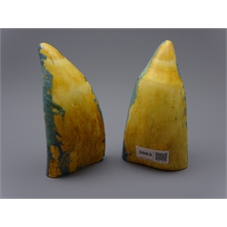  Pair of Sperm whale teeth, relief decorated and painted with twin masted whaling ships, H14.5cm (2)  