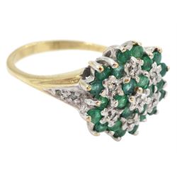9ct gold emerald and diamond cluster ring, hallmarked