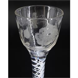 18th century drinking glass of possible Jacobite interest, the ogee bowl engraved with carnation and bee, upon a double series opaque twist stem and conical foot, H16cm