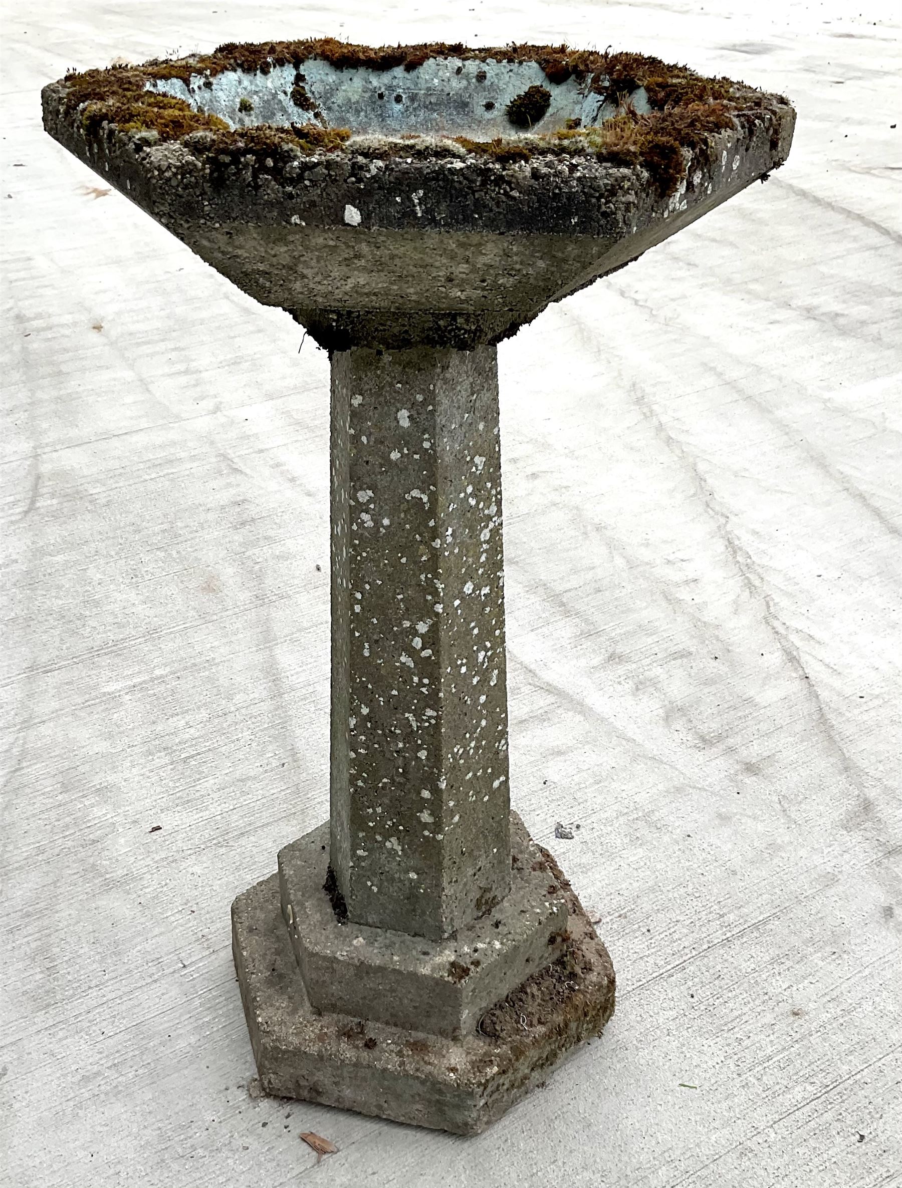 Hexagonal shaped composite stone bird bath, single column on base The