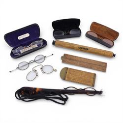 Mauchline ware Postal Ruler, together glasses including gold plate examples etc 