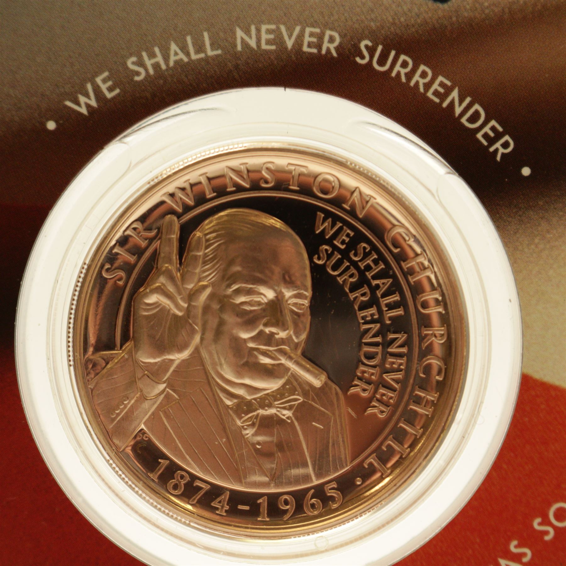 The London Mint Office 'Winston Churchill Inspiration To A Nation', part coin set including Queen Elizabeth II Gibraltar 2015 24 carat gold 3.112 grams ten pound coin etc, in card folder