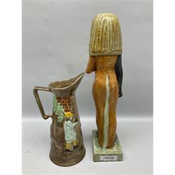 Canadian Blue Mountain eagle figure, Faience Egyptian Goddess figure donning orange dress, and Radford jug, tallest H43cm
