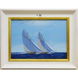 James Miller (British 1962-): America's Cup Series the 13th Challenge 1920 'Shamrock IV' & 'Resolute', oil on canvas signed, titled verso 24cm x 34cm