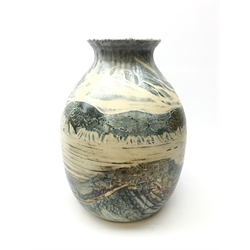  John Egerton (c1945-): studio pottery stoneware vase decorated with stylized coastal scene, signed and dated 2000 H39cm  