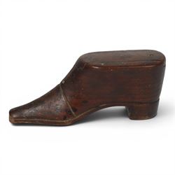 Two 19th Century treen novelty snuff boxes modelled as shoes, both with pinwork decoration, H4cm