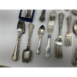 Silver Kings pattern knife, hallmarked Walker & Hall, together with a quantity of silver plated Kings pattern cutlery, including items by Osbourne's and United Cutlers, comprising table knives, table forks, table spoons, serving forks, ladle, berry spoons, teaspoons, dessert forks, cake slice, etc