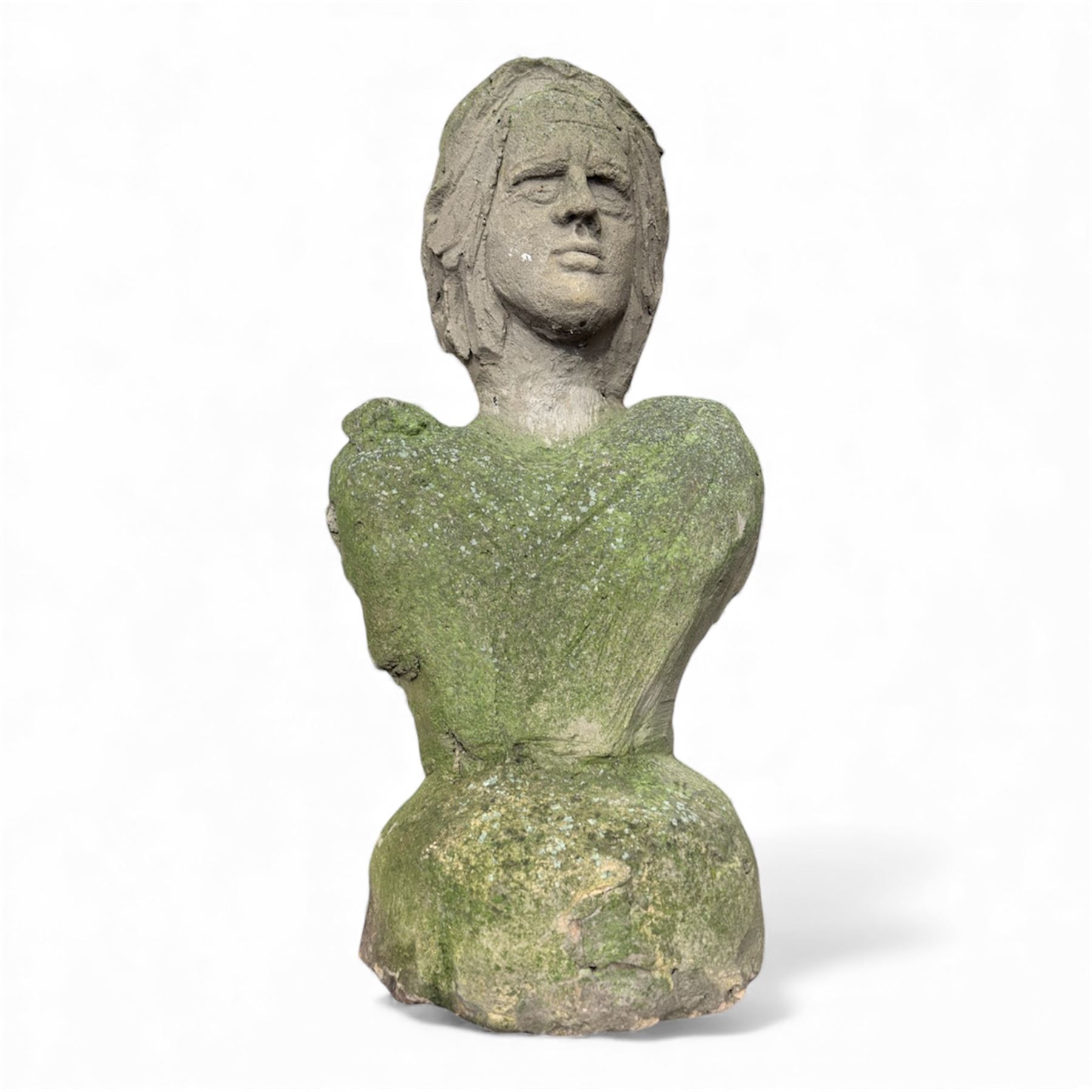 Two large cast stone figures with small lion and face stone pieces