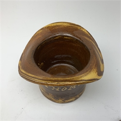 Edwardian silpware jar and cover, modelled as a top hat, inscribed E. Thompson 1901, the associated lid surmounted with hen and chicks, L14.5cm  
