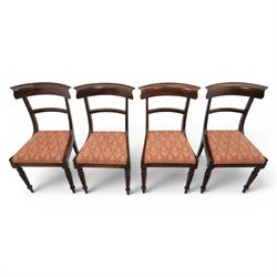 Set of eight 20th century solid rosewood dining chairs, upholstered drop in seats, on oak stretchers, made by Gott's of Pickering and T Feetam of Hull, stamped on all chairs, seat height 47cm