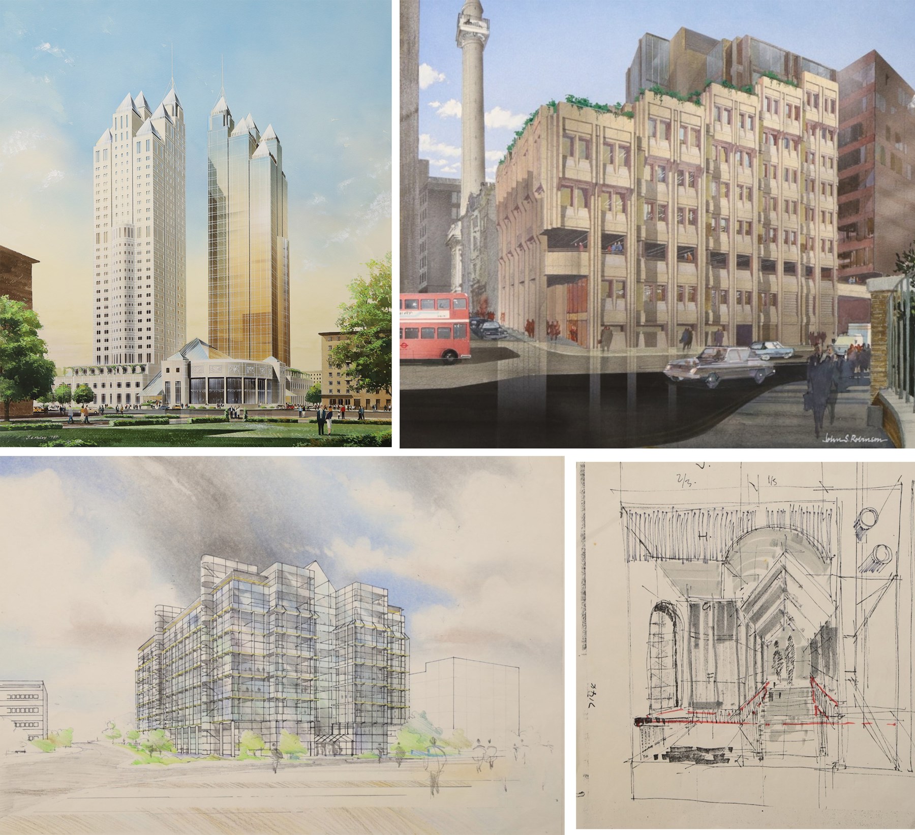 J H McCoy (20th Century): Architectural perspective of Moscow, watercolour heightened with white signed and dated 1989; John S Robinson (British 20th Century): Architectural perspective of a London Building, gouache signed; Architectural perspective of Imperial Chemical Industries Headquarters Slough and an angular interior, two mixed medias unsigned max 54.5cm x 48.5cm (4) (unframed)