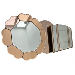Early 20th century frameless wall mirror with copper-tainted glass (76cm x 51cm); circular frameless mirror (D56cm); and another flower head shaped frameless mirror (D61cm)