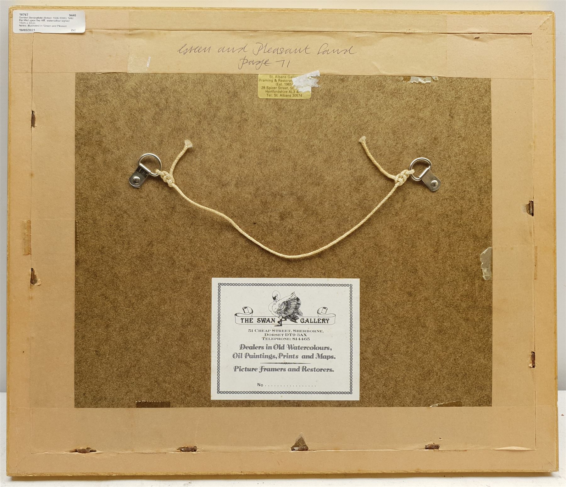 Gordon Beningfield (British 1936-1998): 'Mild the Mist upon the Hill', watercolour signed 15cm x 22cm 
Notes: illustrated in 'Green and Pleasant Land - Poetry of the English Countryside' p.71, sold together with a copy of the book