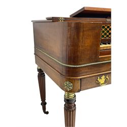 James Rigg, London -early 19th century mahogany and maple square piano c1817, with a 68 key compass (A-C) original hammers, jacks and felt, satinwood interior with ebony and ivory keys, the fretwork interior back inscribed 'James Rigg, 3 Providence Row, Finsbury Square, London', decorated with twist gilt metal edging, fitted with three drawers, on Gillows design turned and reeded supports with brass cups and castors.

This item has been registered for sale under Section 10 of the APHA Ivory Act