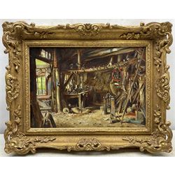 Frank Moss Bennett (British 1874-1953): 'The Wheelwright's - Winterborne Stickland Dorset', oil on canvas board signed, titled verso 24cm x 34cm