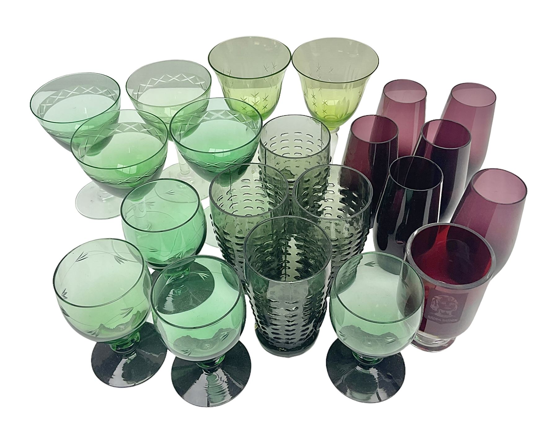 Set of four Swedish Reijmyre drinking glasses, with textured outer surface, together with green drinking glasses including Holmegaard examples and other glassware