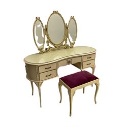 French style cream painted kidney shaped dressing table, triple mirror back, with stool