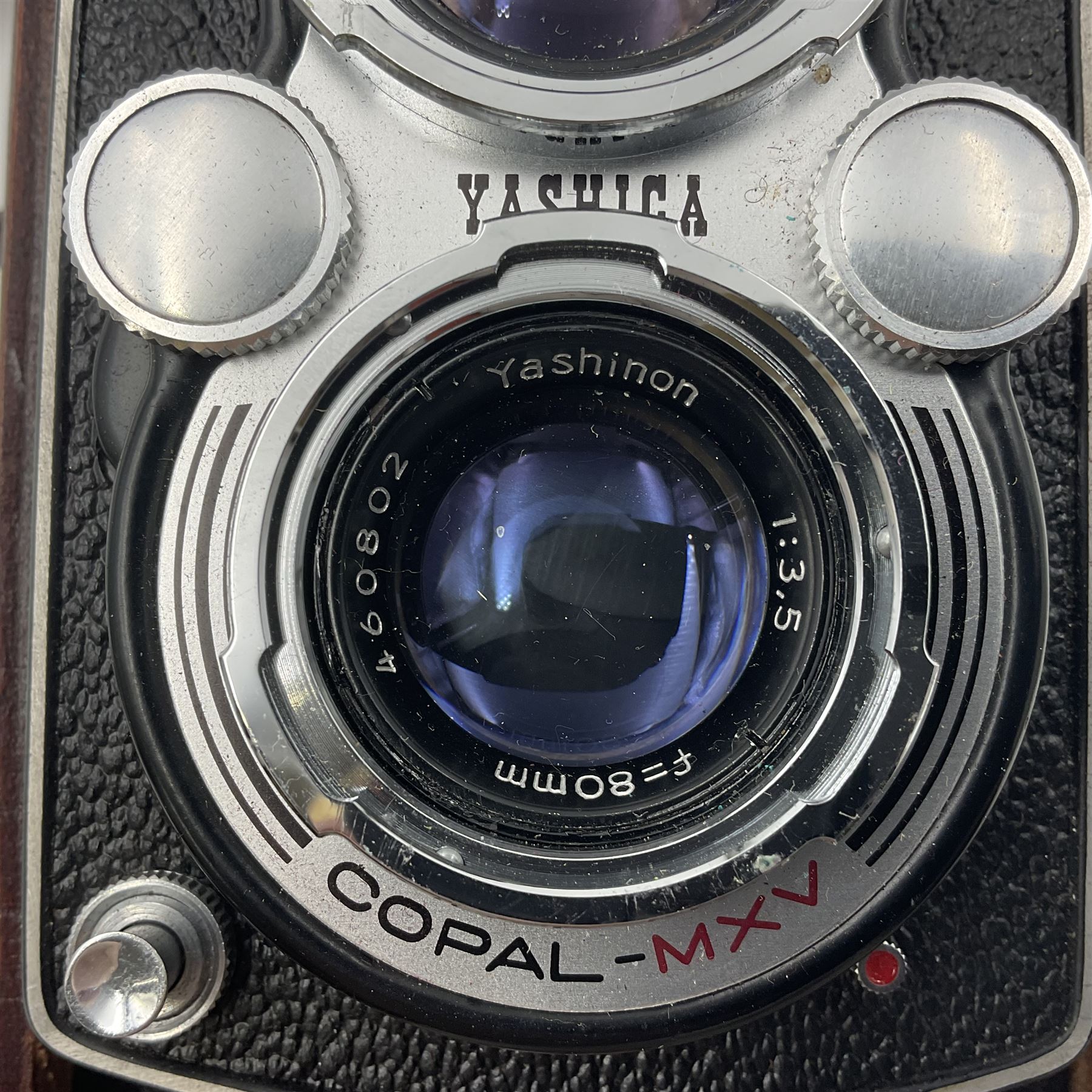 Yashica-Mat Copal MXV camera body, serial no 408717, with Yashinon 1;3.2 f=80mm' and Yashinon 1;3.5 f=80mm' lens serial no 460802, together with Yashica 635 Copal-MXV camera body serial 4080675 with Yashinon 1;3.5 f=80mm' lens serial no 229427 and 'Yashikor 1;3.5 f=80mm' lens serial no 228386