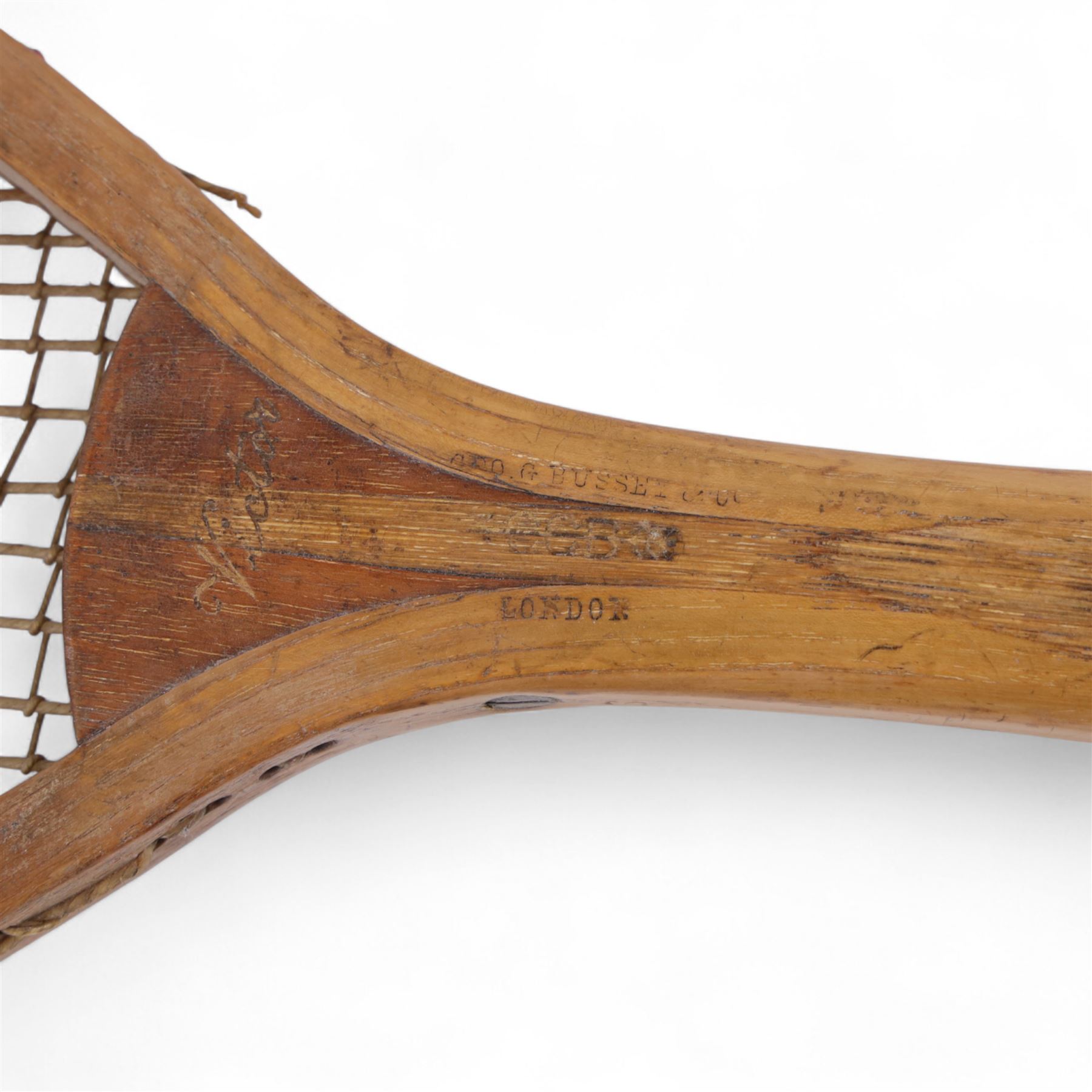 Late Victorian George Bussey & Co. London 'The Victor' flat topped tennis racket, inscribed Victor, G.Bussey London and R. J. Ward Gt. Yarmouth verso, H69cm
