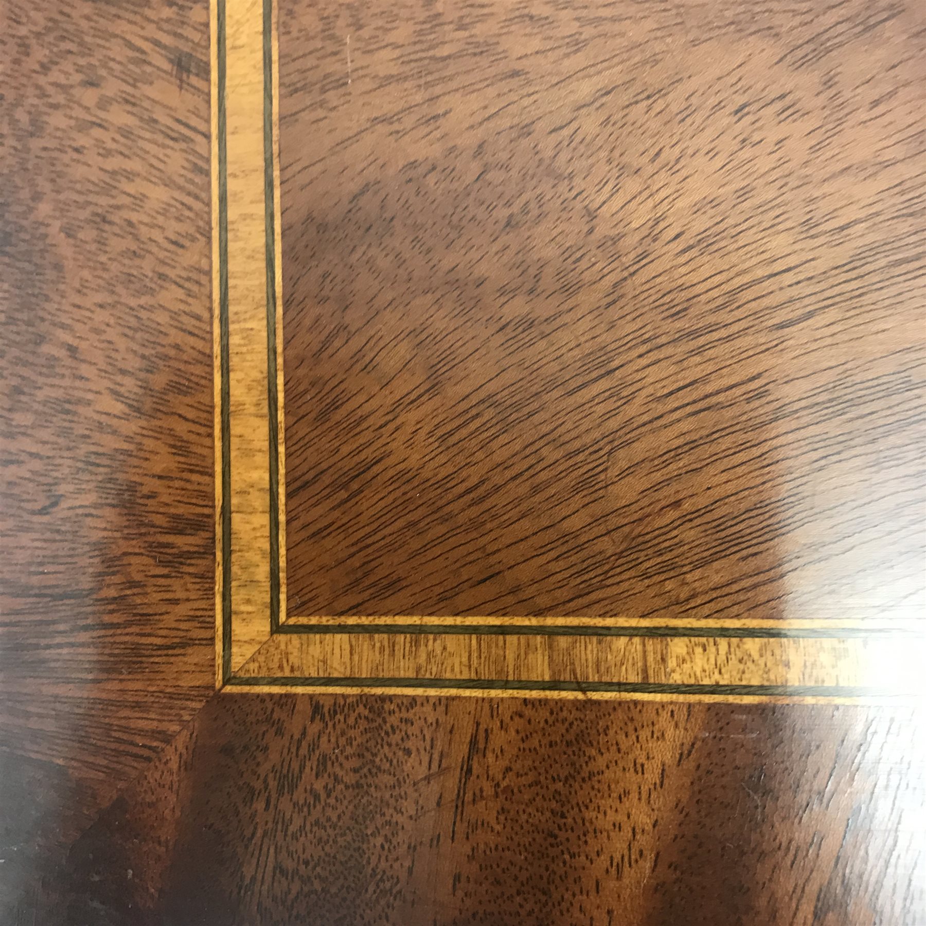 Gotts of Pickering inlaid mahogany side cabinet, two drawers above two cupboards, shaped plinth base, W102cm, H85cm, D38cm