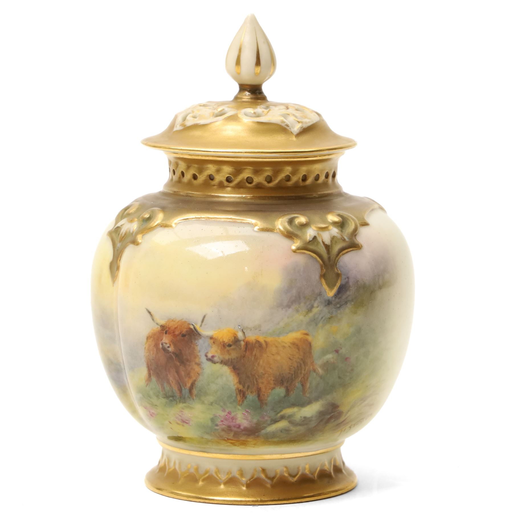 Royal Worcester pot pourri vase with pierced cover, painted with  Highland Cattle by Harry Stinton with gilt decoration (repair to finial) H12cm date code for 1923 