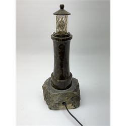20th century Cornish Serpentine table lamp modelled as a lighthouse, H29cm  