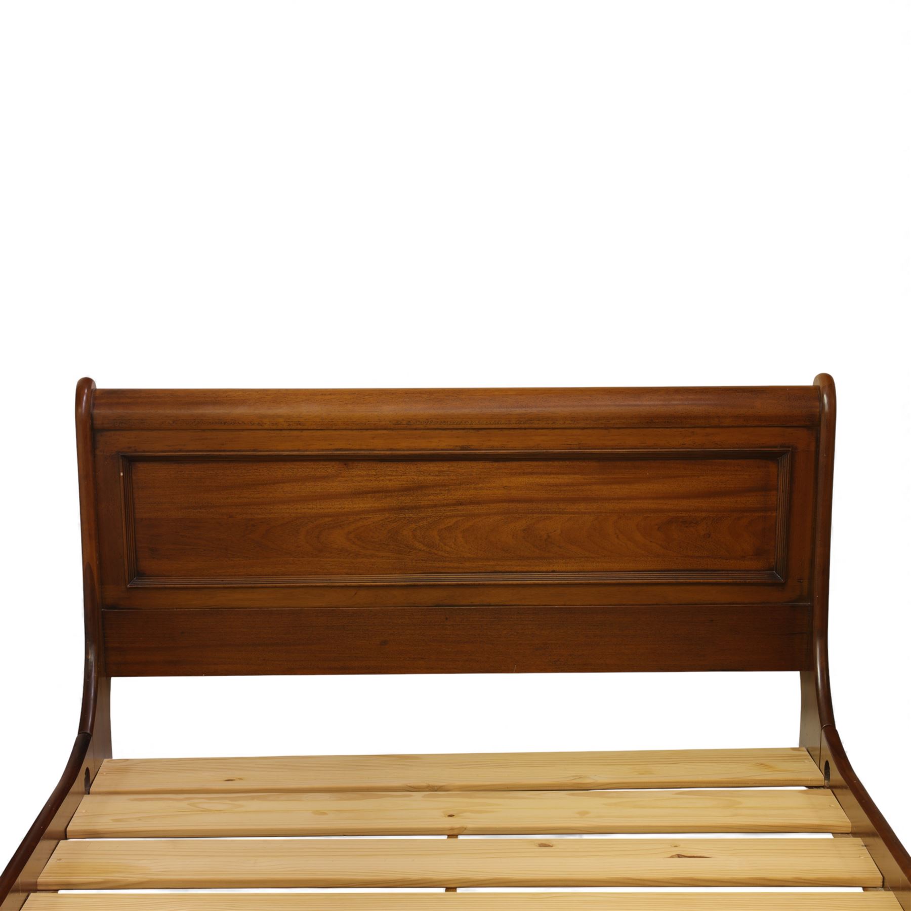 Willis & Gambier - French cherry wood double sleigh bed, with moulded panelled headboard and footboard, each with scroll ends, raised on shaped plinth supports