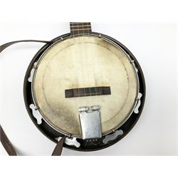 Melody-Uke four-string ukelele banjo, makers plaque to head stock L59cm; and Italian eight-string lute-back mandolin with mahogany stained segmented maple back and spruce top L59cm (2)