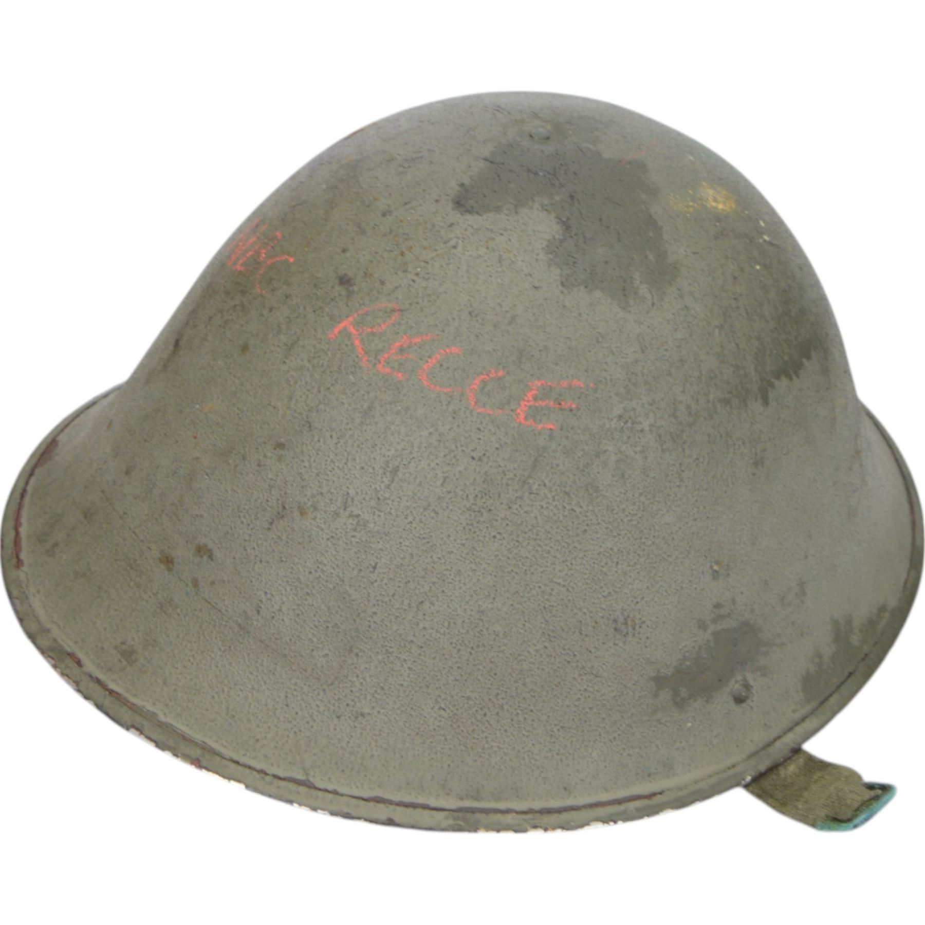 Two gas masks, together with a green tin helmet, cased within a wooden box with hinged lid 