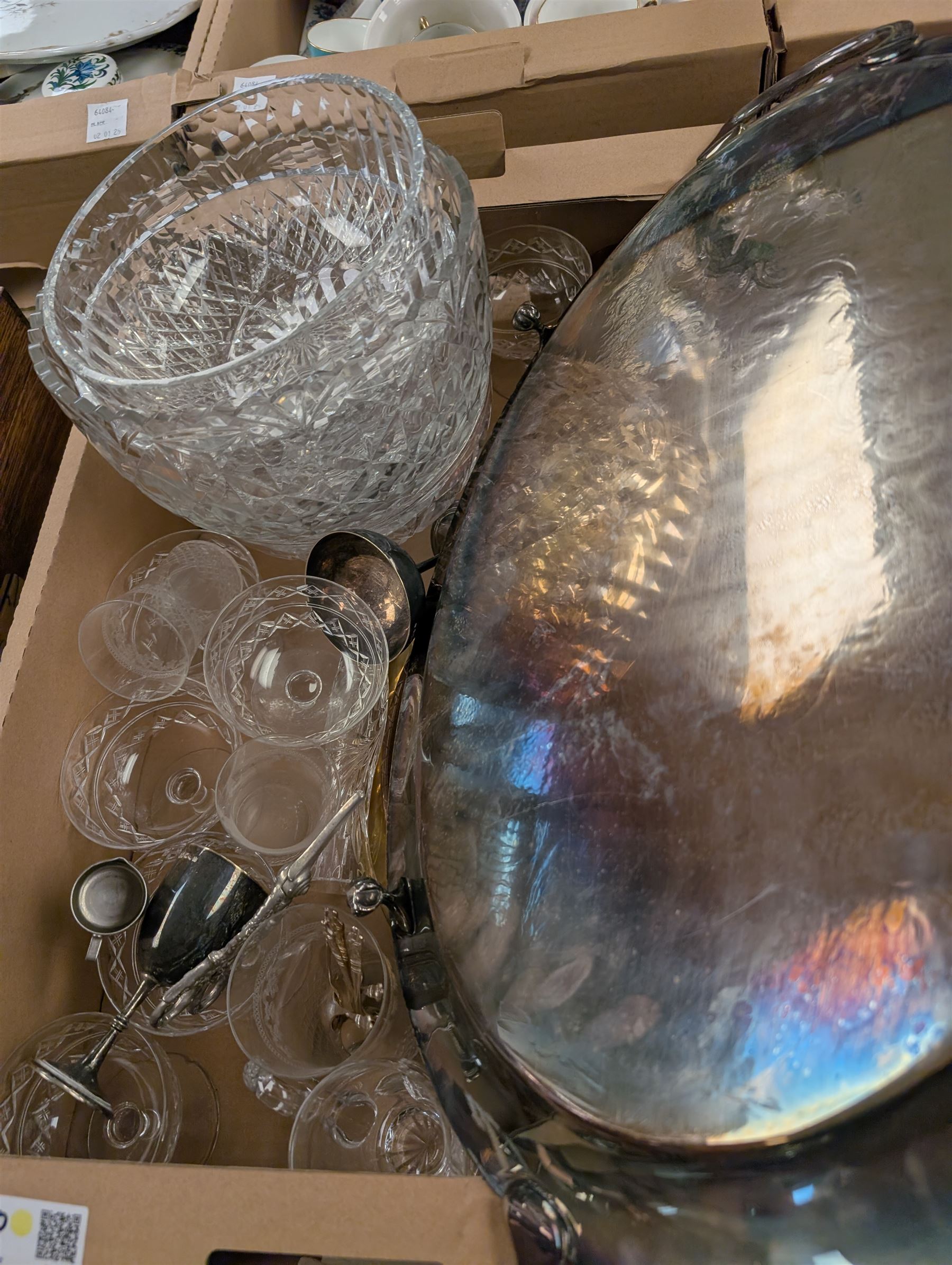 Collection of silver plate including twin-handled tray, cut glass, ceramics and other collectibles, in five boxes