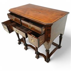 William and Mary design 18th century walnut and yew wood dresser or console table, rectangular canted top with feather banding and moulded edge, over two long and three short cock-beaded drawers, flanked by chamfered uprights above a shaped and cock-beaded apron, raised on six turned and tapering supports united by a shaped box stretcher, on lobed feet 