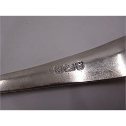 Five George III silver table spoons, to include an Old English pattern example, with engraved initials to terminal, hallmarked Hester Bateman, London 1780, together with an Old English pattern table spoon, engraved with leopard in shield shaped cartouche to terminal, bordered by foliate decoration, hallmarked London 1782, maker's mark worn and indistinct and a Hanoverian pattern table spoon, with engraved initial verso, hallmarked Robert Sallam, London 1770, etc