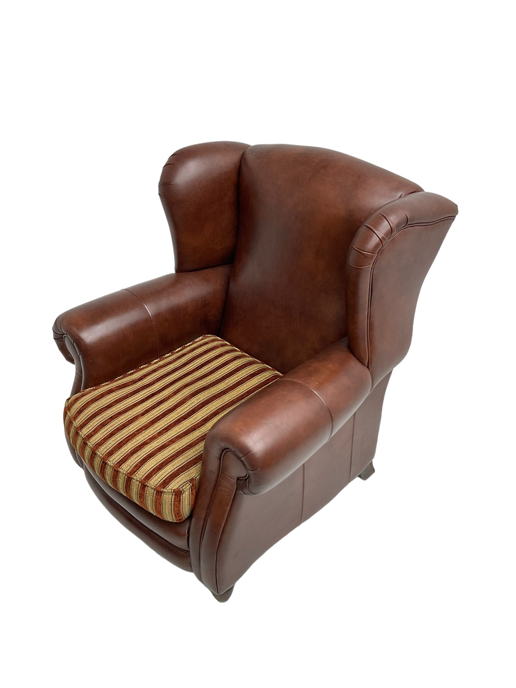 Gainsborough Lounge Suites - three piece leather and fabric lounge suite - pair two seat sofas (W225cm, H82cm, D105cm), and matching armchair (W88cm), on turned front feet with scatter cushions