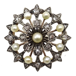  Victorian pearl and diamond circular brooch, set in gold and silver  