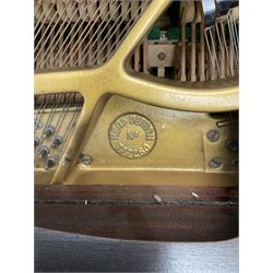 Early 20th century mahogany cased Strohmenger London baby grand piano, demi lune shape, over strung cast iron framed, raised on square tapered supports and castors 