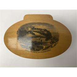 Six sewing related Mauchline ware comprising an oval reel box with internal label for Clark & Co's, tape measure, pin case and three thimble holders of ovoid form 