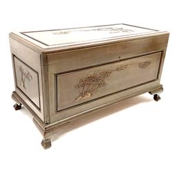 Chinese rosewood camphor wood blanket chest, bamboo carved detail, hinge lid, shaped bracket supports 