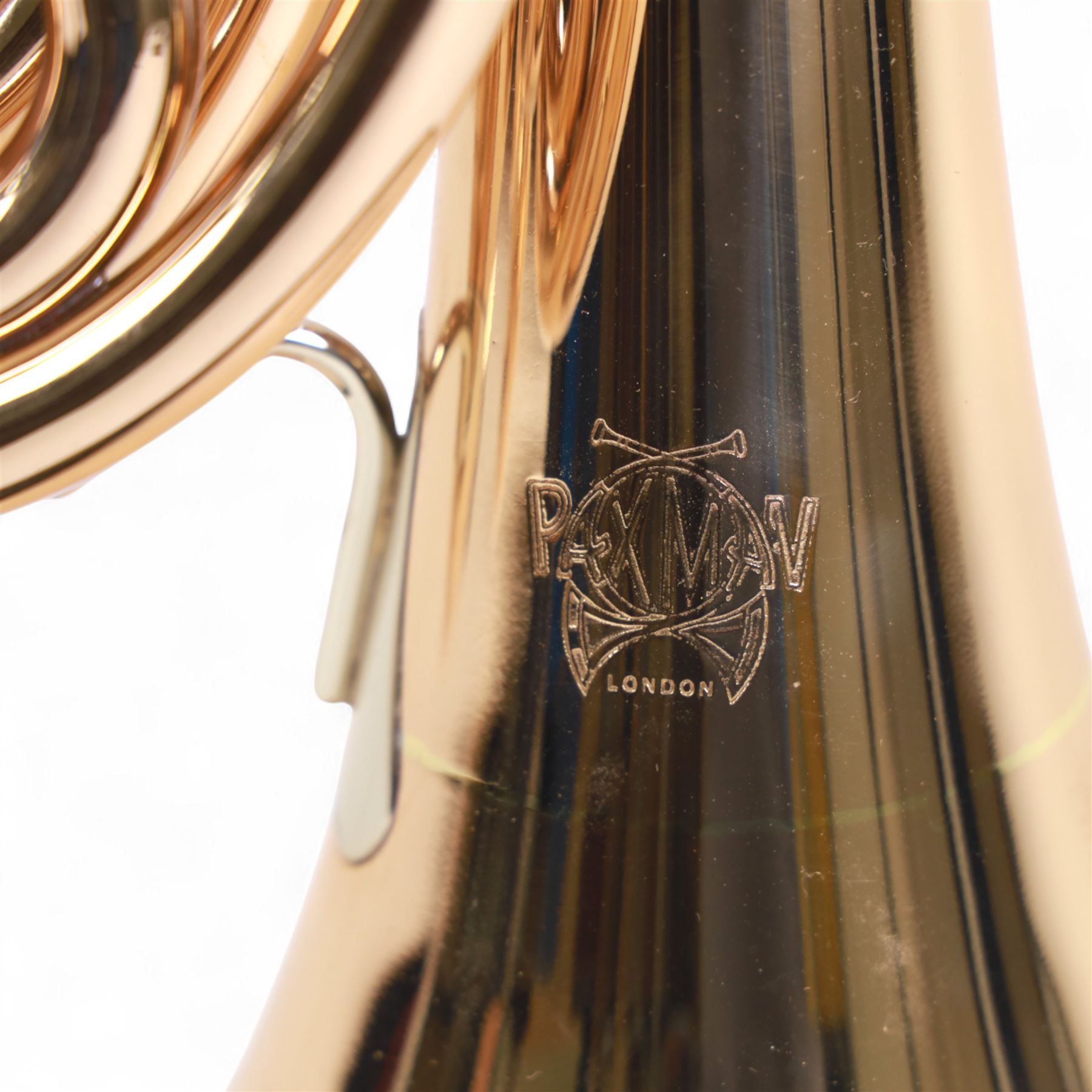 Paxman-Model 25L  French Horn, serial No 3015T. with a fixed bell incorporating the Merewether system of Horn design, in a  yellow lacquered finish with nickel silver valve casings, with Denis Wick precision mute, padded soft carrying case and carrying strap