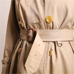 Aquascutum – vintage beige ‘Aqua 5’ trench coat, made in England, with double-breasted button fastening, storm flap, epaulettes, belted waist and cuffs, slash pockets and signature checked lining, size M