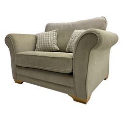Barker & Stonehouse - three-seat sofa upholstered in striped textured fabric (W185cm, D99cm); together with a snuggler sofa upholstered in solid textured fabric (W139cm), raised on oak bracket feet, with scatter cushions 
