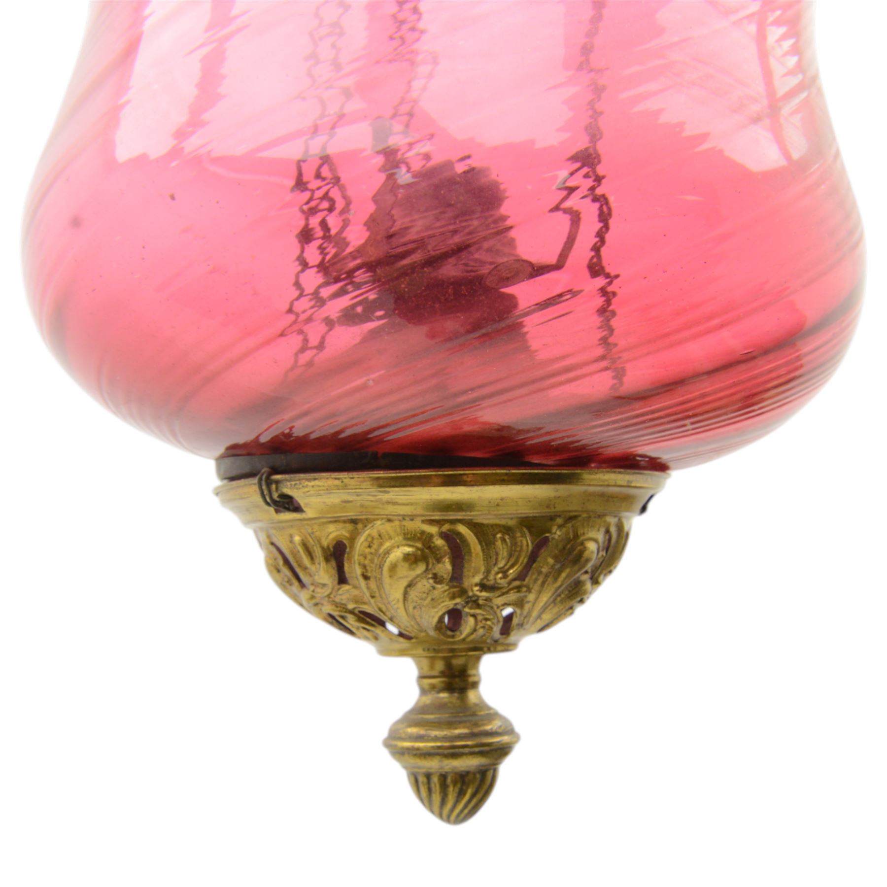 Cranberry glass ceiling oil lamp, of waisted form with metal mounts, 