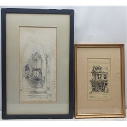 Herbert Railton (British 1857-1910): 'St. Peter's Well Zouche Chapel York Minster', pencil and charcoal signed and titled 45cm x 22cm; Tom Harland (Yorkshire 1945-2012): 'Adelaide House Anlaby Road Hull', monochrome print signed in pencil on the mount 26cm x 15cm (a/f) (2)
