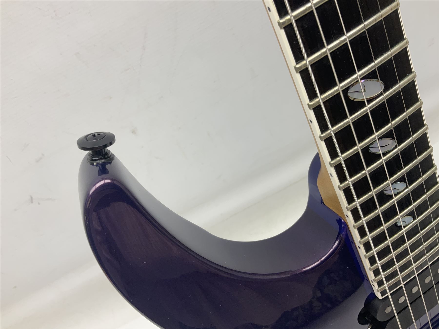 2015 Japanese Caparison Dellinger Prominence hand made boutique rock guitar in spectrum blue with clock inlays and Scaller tremolo; serial no.3200018; L100cm; in fitted case with certificate, registration card, tools etc