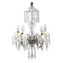 A 20th century Waterford crystal chandelier, the central baluster stem with domed corona, supporting five curved branches with drip pans hung with pendant droplets, approximately H59cm 