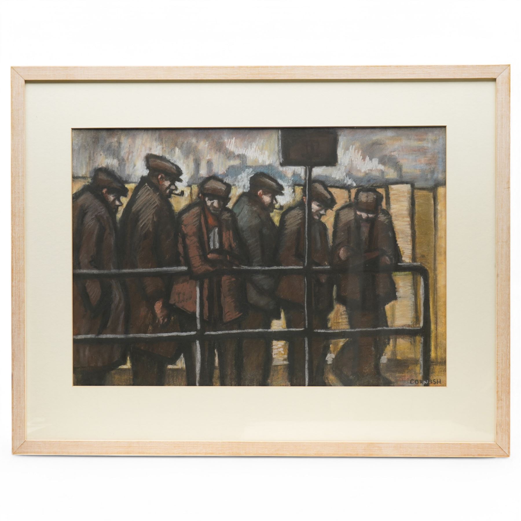 Norman Stansfield Cornish (Northern British 1919-2014): Factory Workers Smoking at the Bus Stop, pastel on paper signed 40cm x 58cm